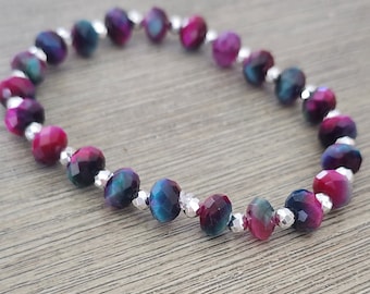 Purple Tiger Eye Bracelet Stretch Bracelet Silver Colored Beads
