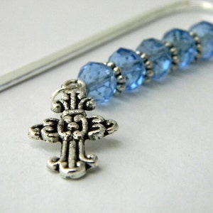 Ornate Cross Bookmark with Light Blue Glass Beads Shepherd Hook Steel Bookmark Beaded Bookmark