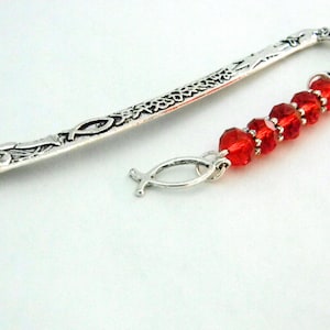 Fancy Jesus Fish Bookmark with Red Glass Beads Silver Color Shepherd Hook