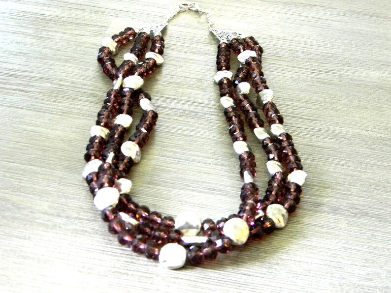 Purple Glass Triple Strand Beaded Necklace Lobster Clasp with Silver Colored Circle Beads image 6