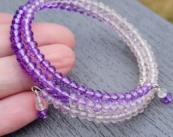 Purple and Clear Glass Bracelet Memory Wire Bracelet