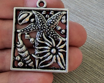 Sea Life Charms Set of Two Silver Colored 39x31mm Starfish and Shell Pendant