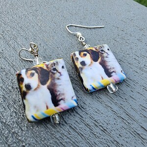 Decoupage Cat and Dog Earrings, Pet Dangle Earrings Gray Tabby Cat and Beagle Puppy Animal Friends