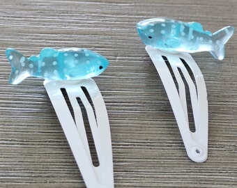 Whale Shark Hair Clips Set of Two White Hair Clip Metal Snap Barrette 50mm