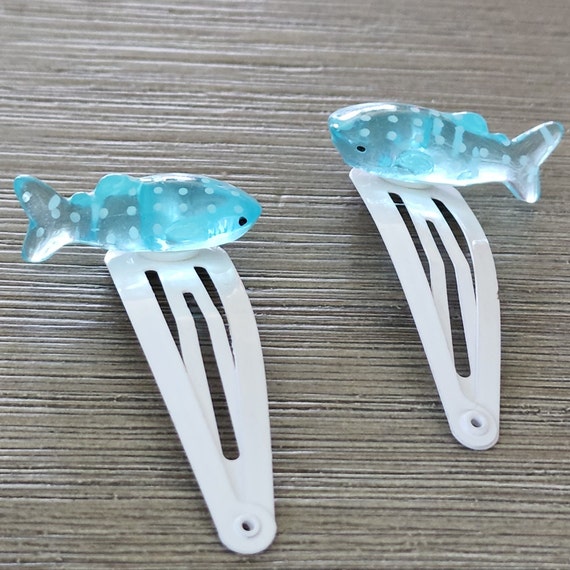 Whale Shark Hair Clips Set of Two White Hair Clip Metal Snap Barrette 50mm  