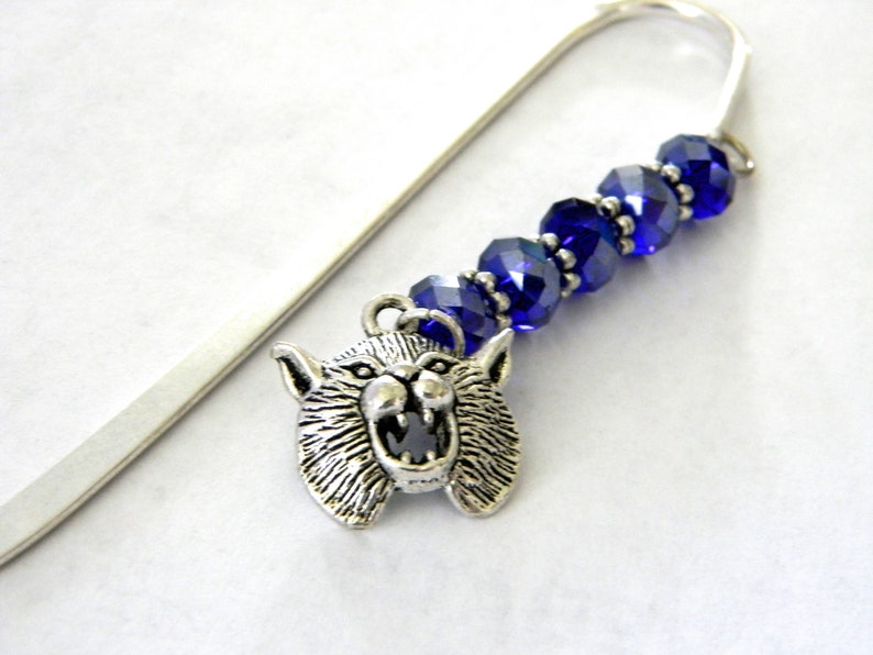 Wildcat Bookmark with Cobalt Blue Glass Beads Shepherd Hook Steel Bookmark Silver Color image 8