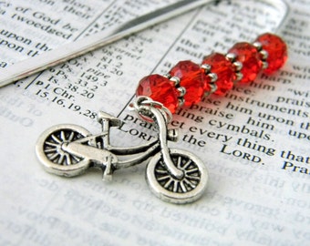 Bicycle Bookmark with Red Glass Beads Shepherd Hook Steel Bookmark Silver Color