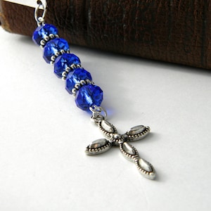 Pretty Cross Bookmark with Blue Glass Beads Shepherd Hook Steel Bookmark Silver Color