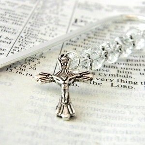 Crucifix Cross Bookmark with Clear Glass Beads Silver Plated Steel Bookmark
