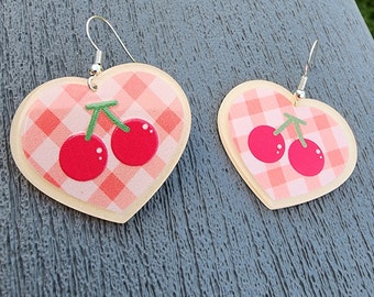 Cherry Heart Earrings Dangle Earrings Acrylic Earrings