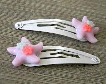 Purple Starfish Hair Clips, Set of Two White Hair Clips, Metal Snap Barrette, 50mm