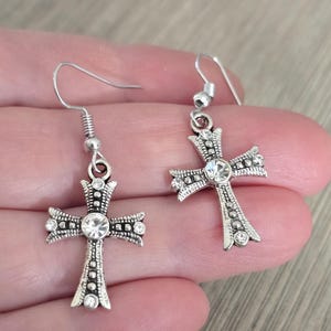 Cross Earrings Silver Color Dangle Earrings Rhinestone Center