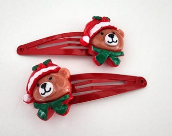 Christmas Teddy Bear Hair Clips Set of Two, Red Metal Snap Barrette 50mm