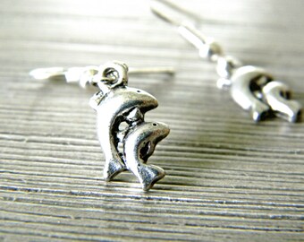 Small Jumping Dolphin with Baby Earrings Silver Color Dangle Earrings