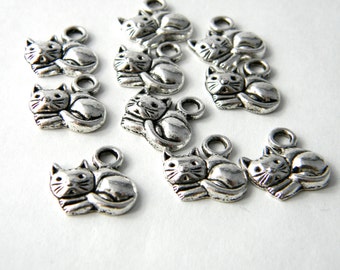 Cat Charms Set of 10 Silver Color 13x15mm
