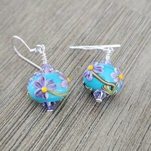 Purple Flower Lampwork Sterling Silver Earrings Grace Lampwork Beads Blue Beads
