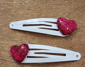 Hot Pink Glitter Heart Hair Clips Set of Two White Hair Clip Metal Snap Barrette 50mm