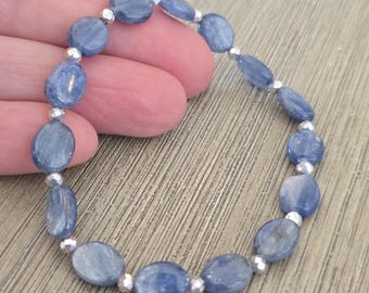 Kyanite Stone Stretch Bracelet Blue Beads with Silver CZ Beads