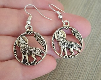 Silver Wolf Circle Earrings Silver Color Dangle Earrings