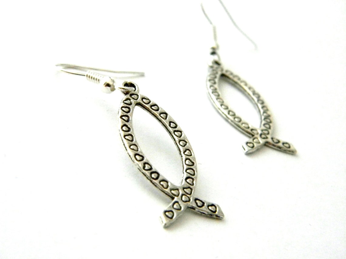 Jesus Fish Earrings Silver Color Dangle Earrings Heart Pattern Etsy