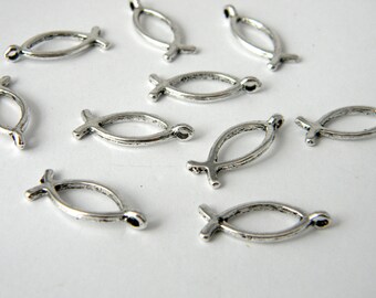 Fish Symbol Charms Set of 10 Silver Color 20x8mm