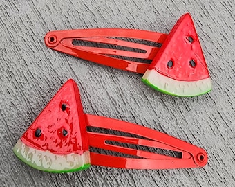 Watermelon Hair Clips Set of Two Red Hair Clip Metal Snap Barrette 50mm