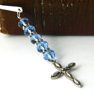 Pretty Cross Bookmark with Light Blue Glass Beads Shepherd Hook Silver Plated Steel Bookmark