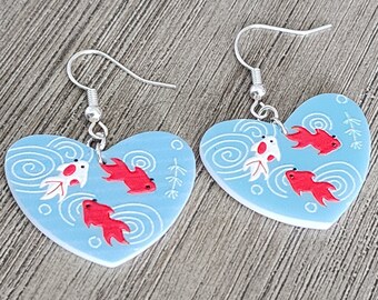 Koi Heart Earrings Dangle Earrings Acrylic Earrings Fish Earrings