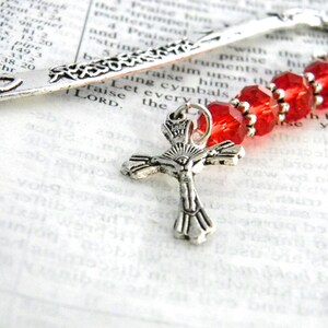 Fancy Crucifix Cross Bookmark with Red Glass Beads Shepherd Hook Silver Color