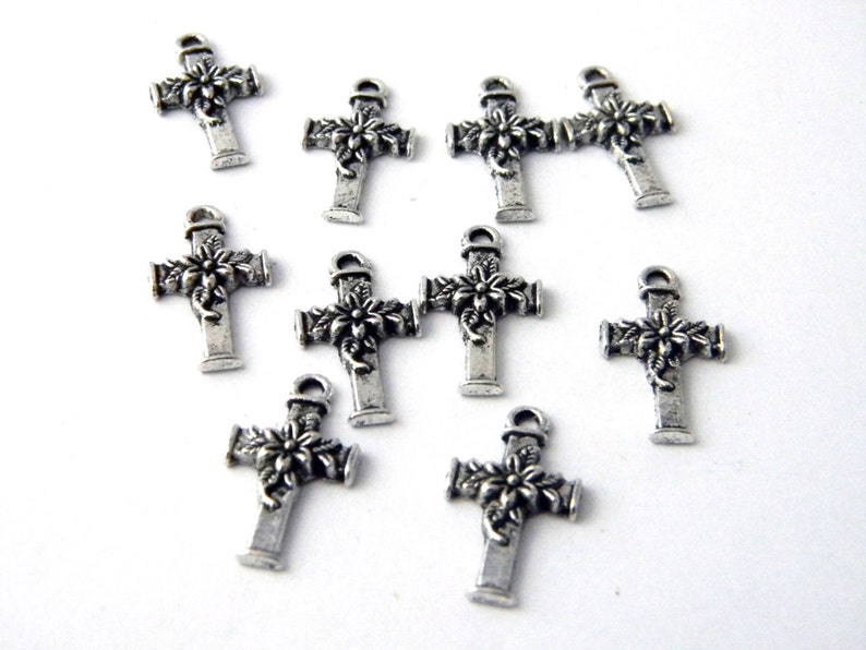 Flower Cross Charms Set of 10 Silver Color 20x11mm image 4