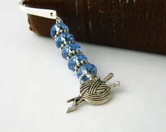 Knitting Bookmark with Blue Glass Beads Shepherd Hook Steel Bookmark Silver Color