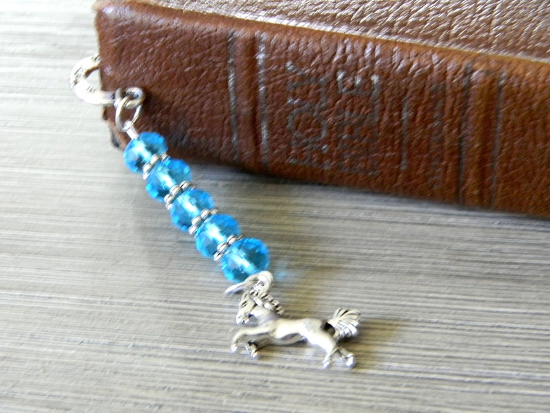 Horse Bookmark with Aqua Blue Glass Beads Flower Short Shepherd Hook Bookmark Silver Color image 5