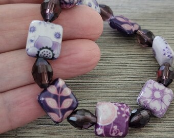 Purple Flower Decoupage Bracelet Crystal Glass Stretch Bracelet