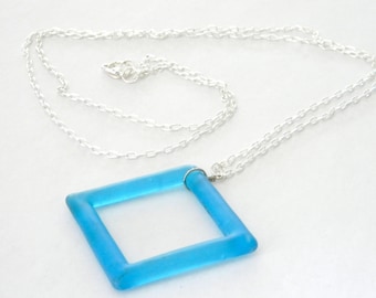 Long Blue Square Glass Chain Necklace Lobster Clasp 36 Inch