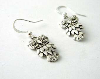 Feathered Owl Earrings Dangle Earrings Silver Color