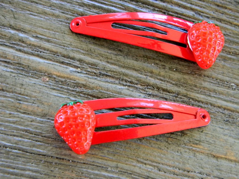 Red Strawberry Hair Clips Set of Two Red Hair Clip Metal Snap Barrette 50mm Fruit Hair Clip image 4