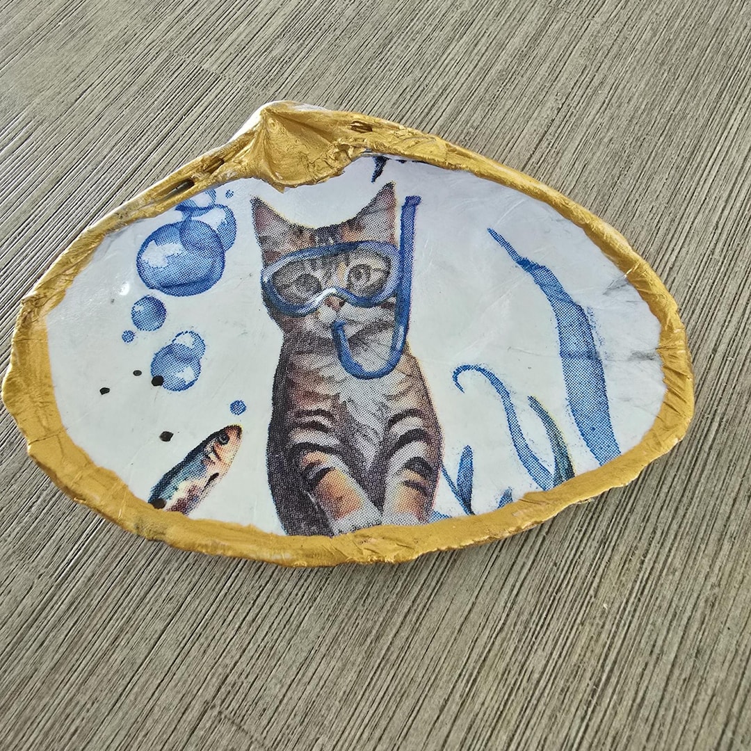 Decoupage Snorkeling Cat Shell Trinket Dish Jewelry Dish Clam Shell - Etsy