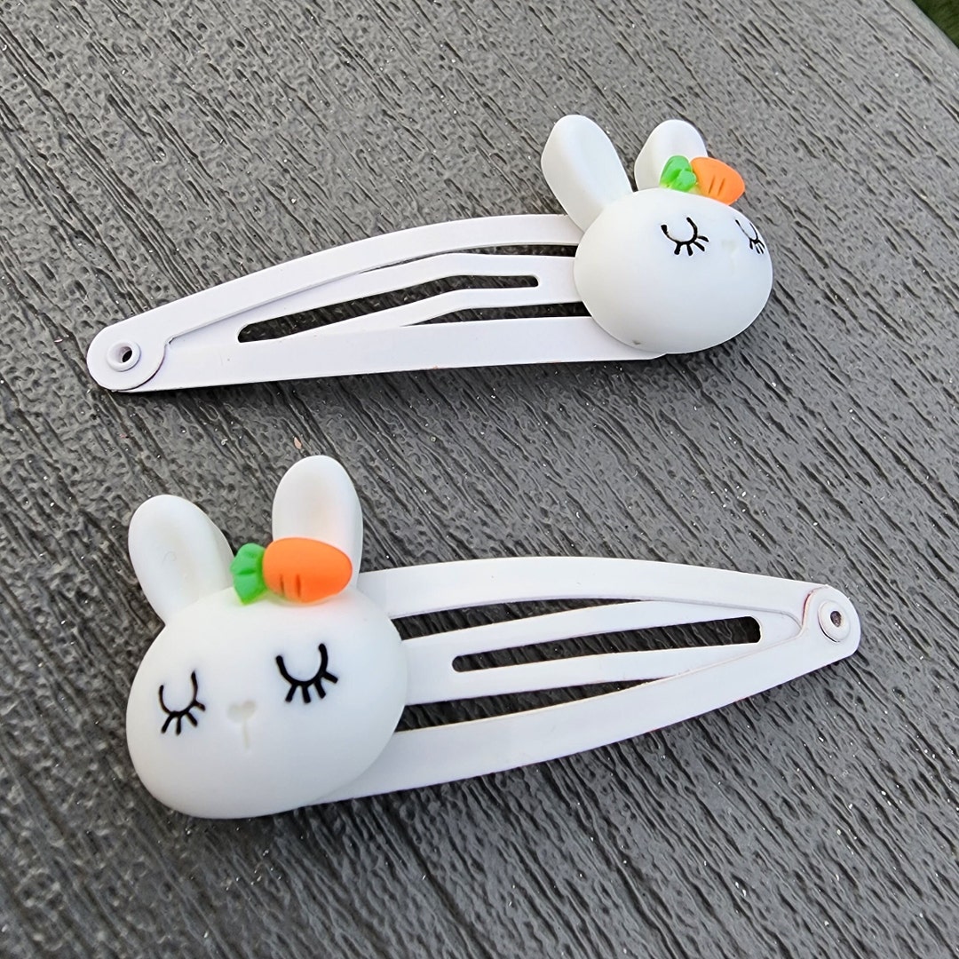Rabbit Hair Clips Set of Two White Hair Clip Metal Snap Etsy
