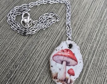 Red Mushroom Ceramic Pendant Silver Colored Chain 18 Inch Necklace