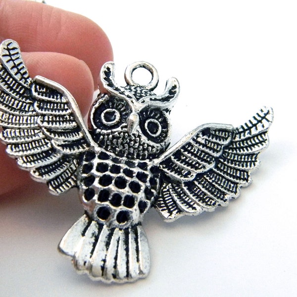 Large Owl Charms Set of 2 Silver Color 43x50mm