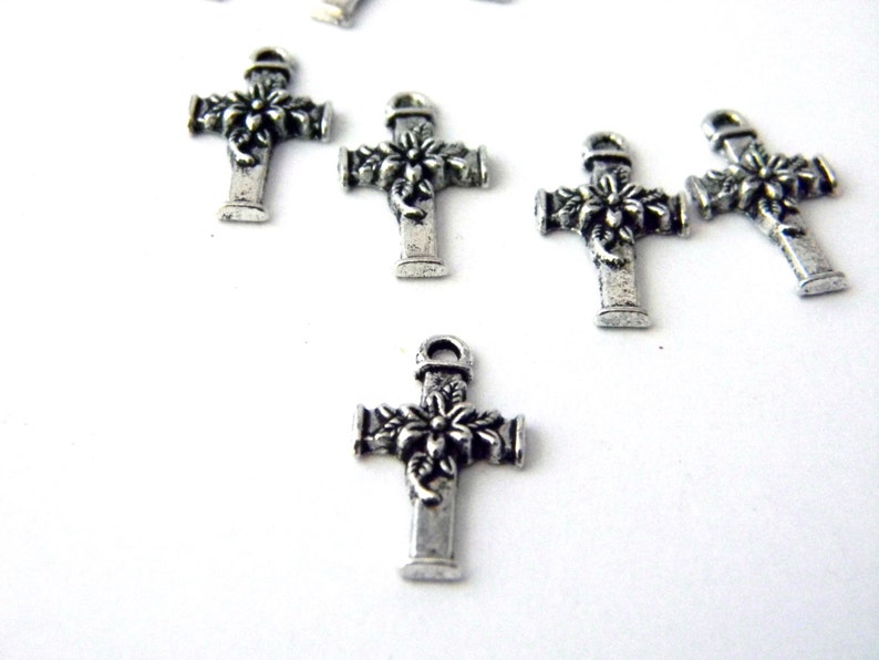 Flower Cross Charms Set of 10 Silver Color 20x11mm image 2