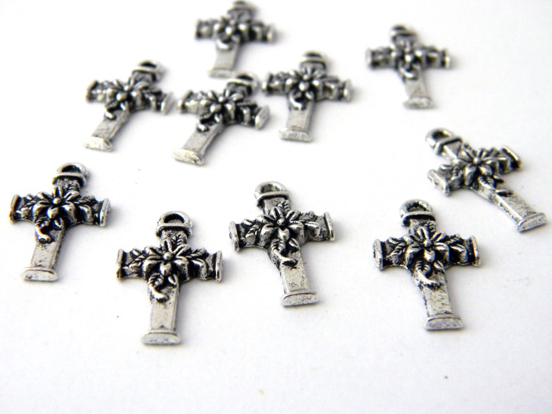 Flower Cross Charms Set of 10 Silver Color 20x11mm image 1