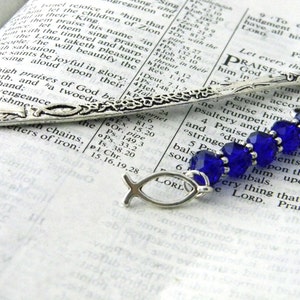 Fancy Jesus Fish Bookmark with Blue Glass Beads