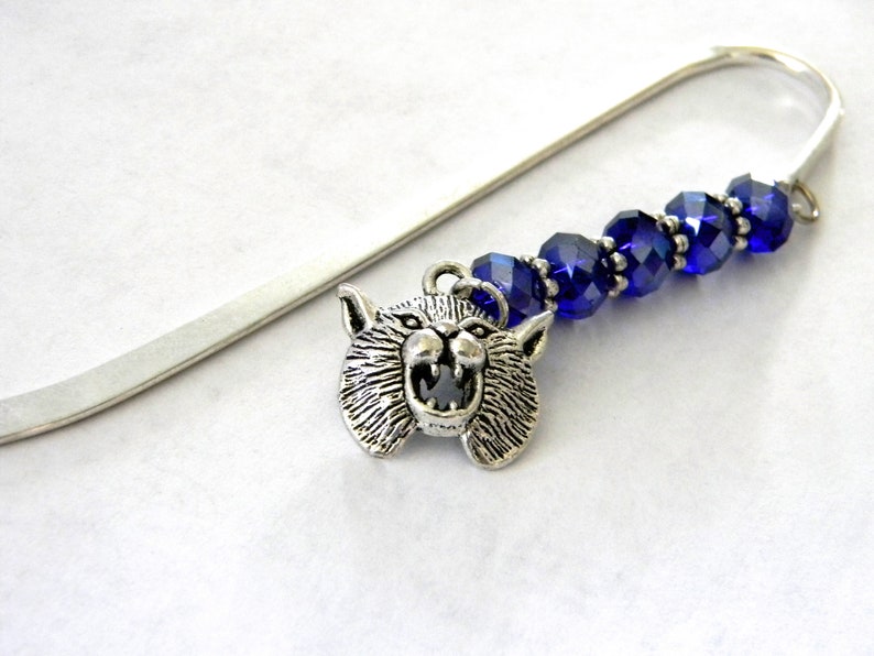 Wildcat Bookmark with Cobalt Blue Glass Beads Shepherd Hook Steel Bookmark Silver Color image 7