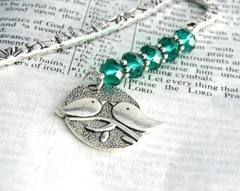 Fancy Oval Bird Charm Bookmark with Emerald Green Glass Beads