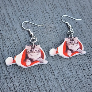 Cat Christmas Earrings Acrylic Dangle Holiday Earrings