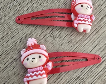 Winter Teddy Bear Hair Clips Set of Two, Red Metal Snap Barrette 50mm