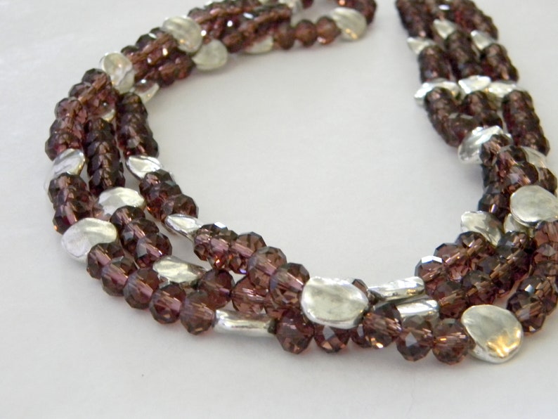 Purple Glass Triple Strand Beaded Necklace Lobster Clasp with Silver Colored Circle Beads image 7