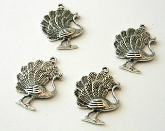 Peacock Charms Set of 4 Silver Color 36x24mm