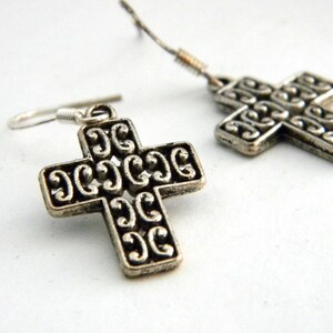 Cross Earrings Silver Color with Swirl Pattern Dangle Earrings